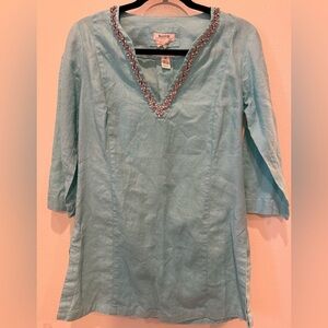Majestic Aqua Embellished Women's Tunic 100% linen